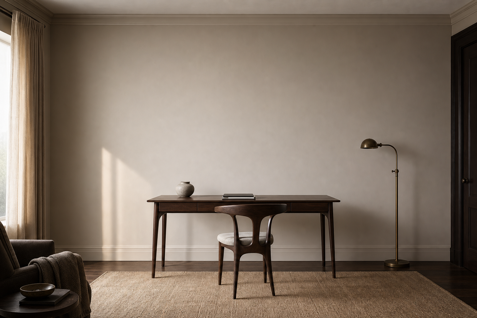 Escritório intimista com parede greige, mesa de madeira e luminária de piso