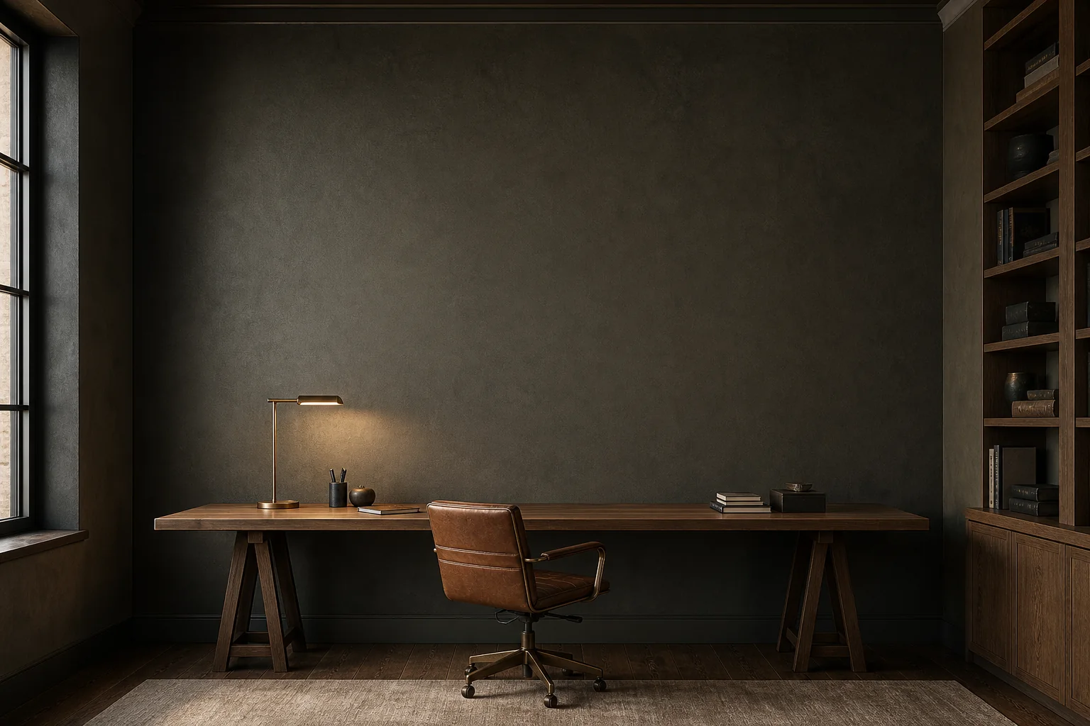 Estúdio de arquitetura com parede escura, mesa longa de madeira e cadeira de couro
