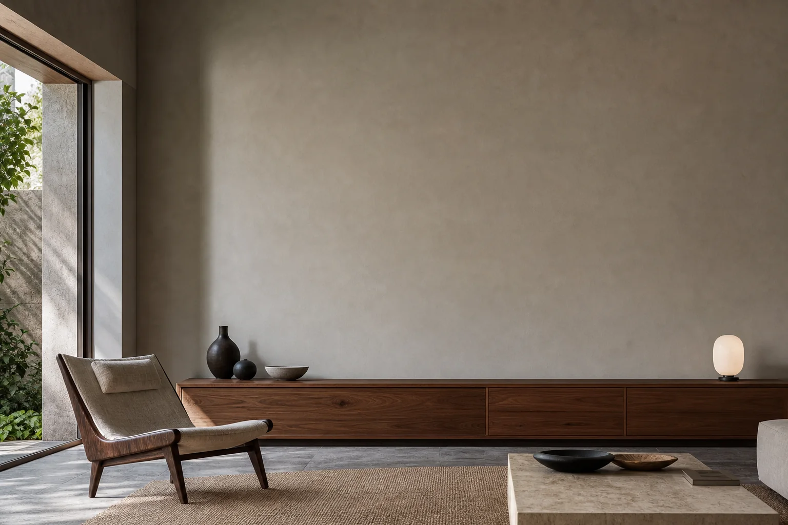 Sala contemporânea com grande parede de textura mineral e aparador de madeira