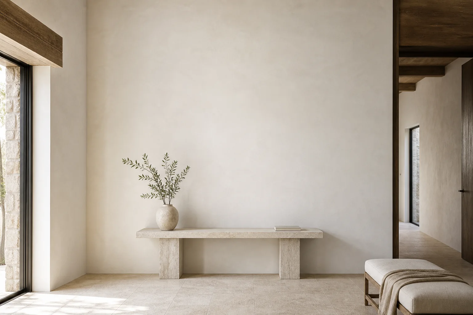 Galeria residencial clara com parede alta e console de travertino