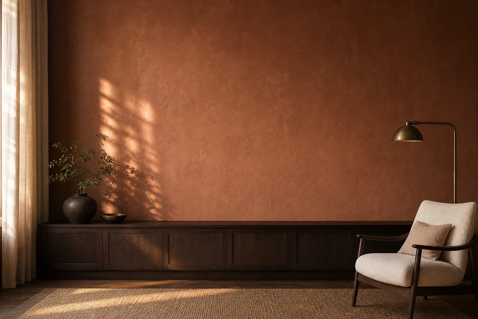 Sala de leitura com parede terracota, armário baixo e poltrona de linho