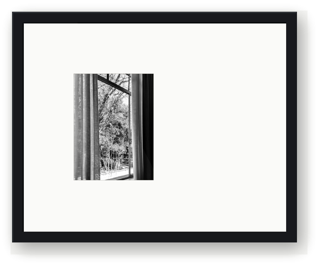 Quadro Oltre la Finestra, fotografia em preto e branco de uma janela aberta para a vegetação
